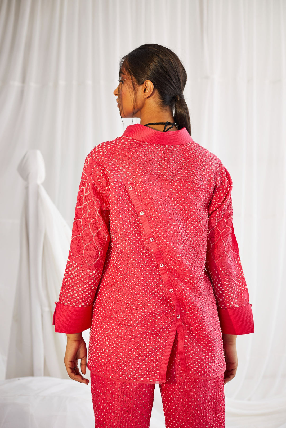Back Diagonal Flap, Collar & Cuff Shirt In Raidaana Bandhani