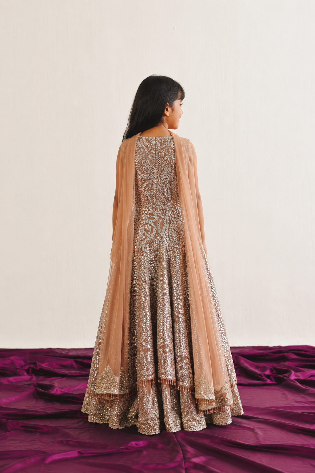 Long Asym Sleeveless Sherwani with Flared Shararas and Applique Dupatta