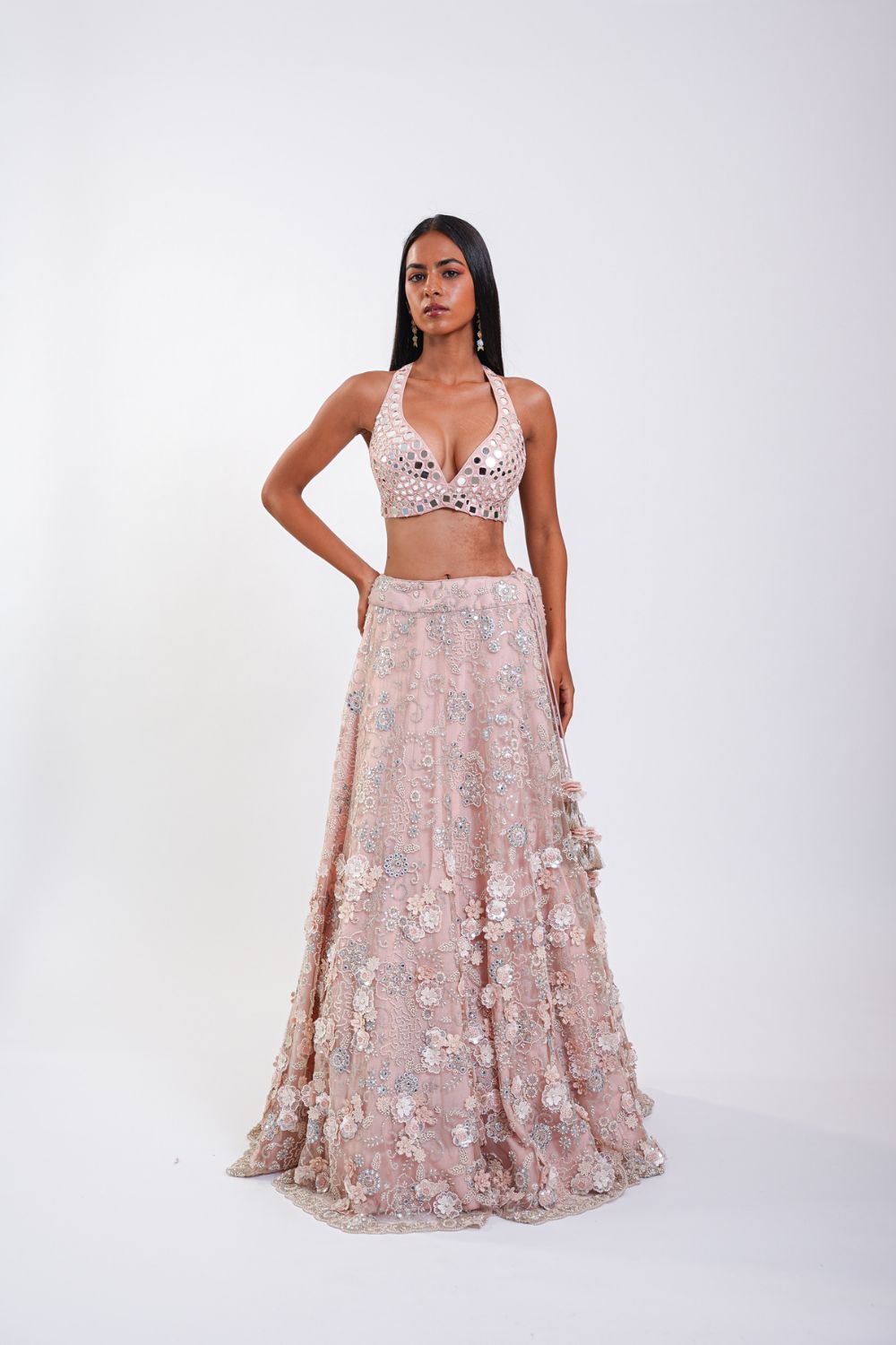 MIRRORWORK SKIRT WITH 3D FLOWERS ALONG WITH BRALETTE AND DUPATTA