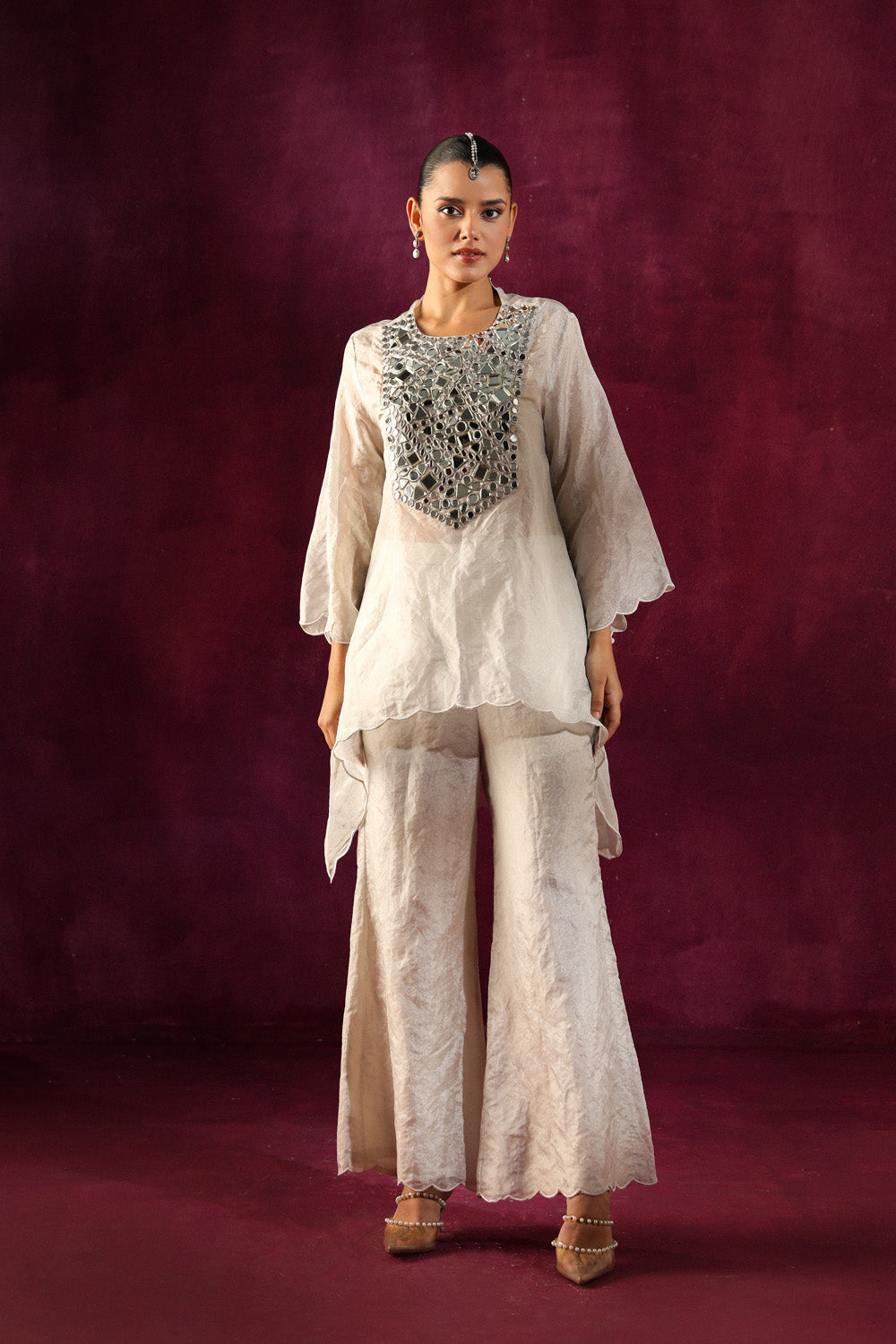 Mirror Embellished Tissue Tunic & Scallop Flared Pants Set