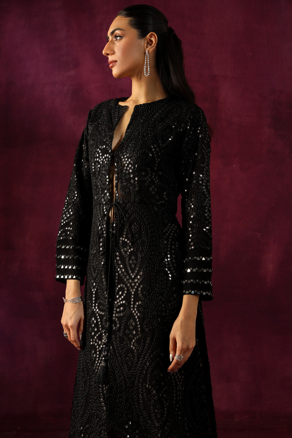 Black Floral Mirrorwork Long Tassel Jacket