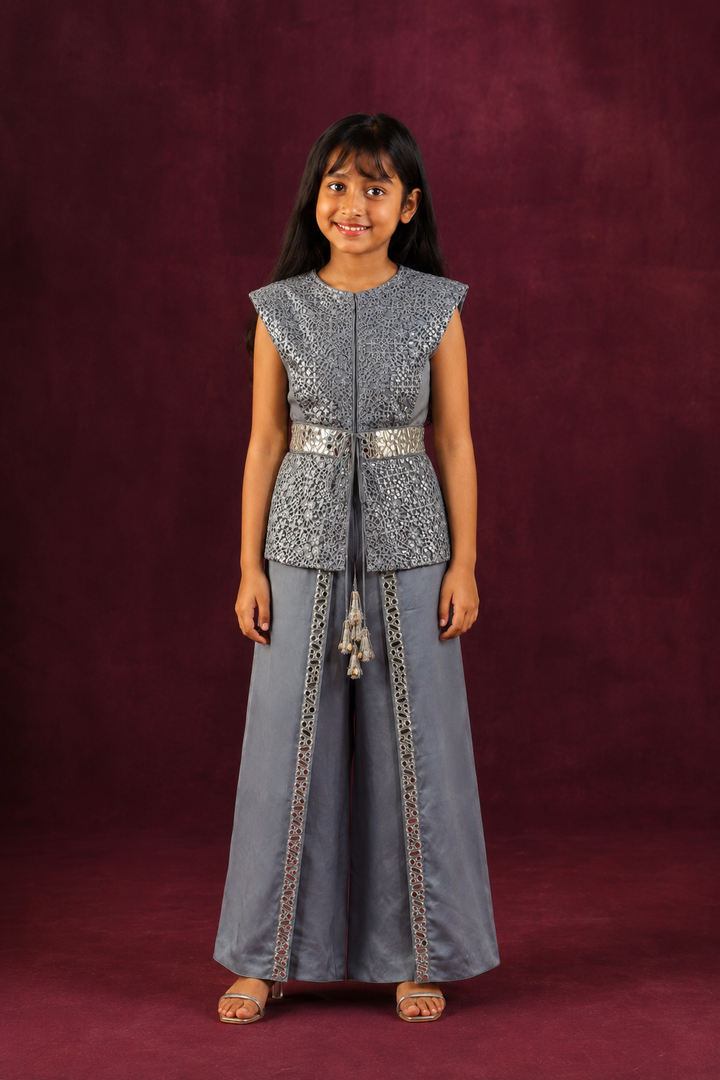 Lace Mirrorwork Backless Jacket with Embellished Wrap Around Pants