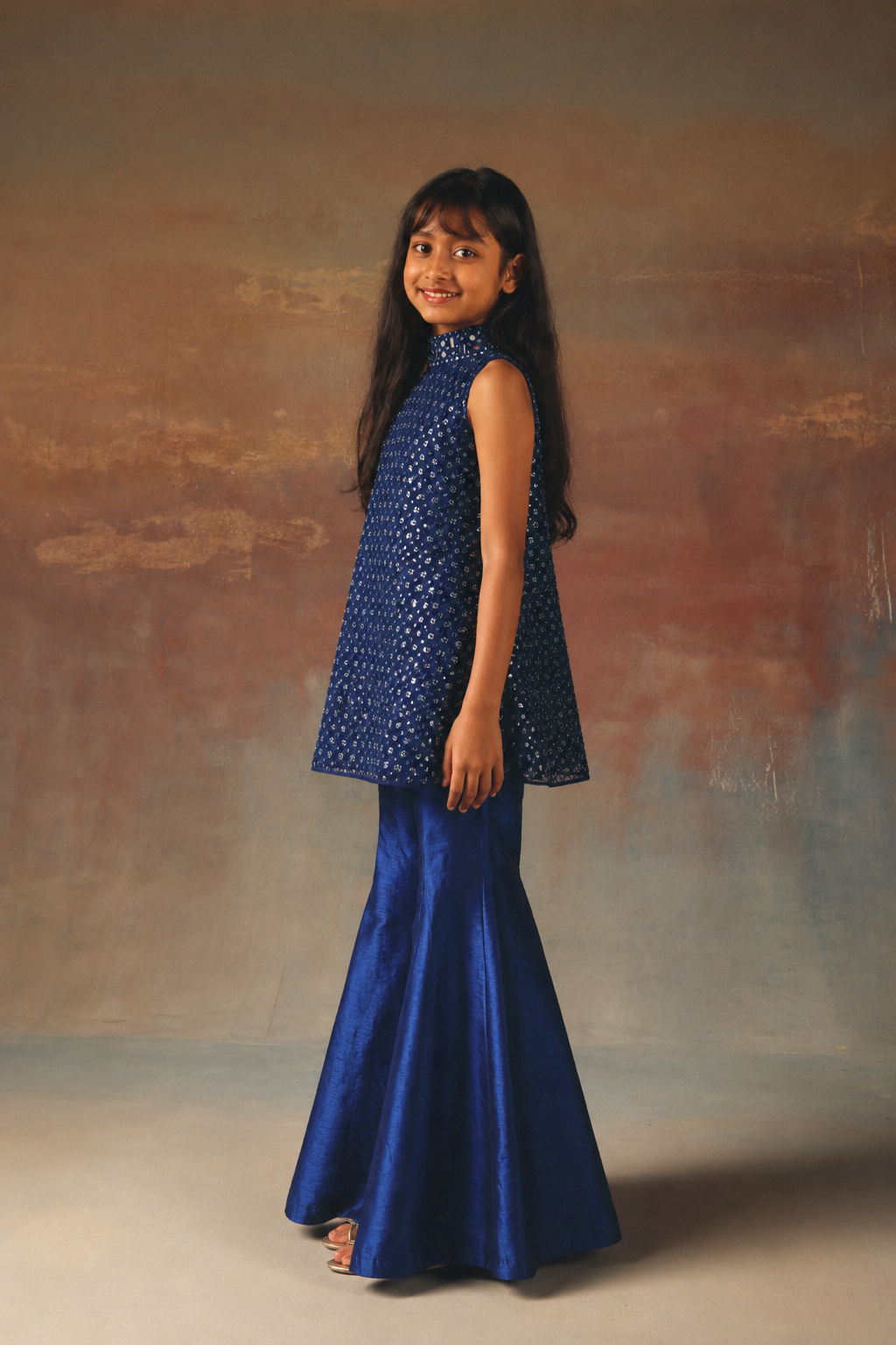 Short Hi Neck A Line Top with Bellbottoms