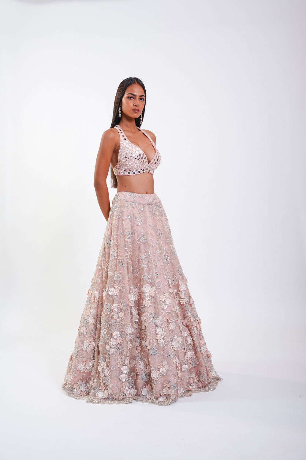 MIRRORWORK SKIRT WITH 3D FLOWERS ALONG WITH BRALETTE AND DUPATTA