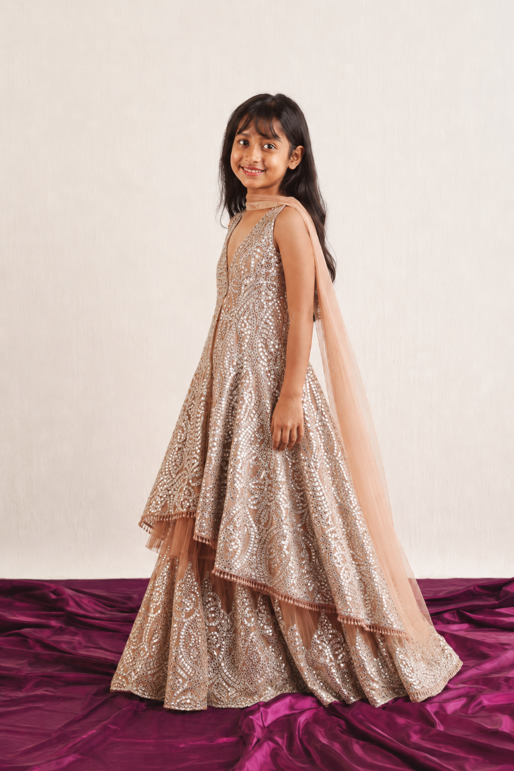 Long Asym Sleeveless Sherwani with Flared Shararas and Applique Dupatta