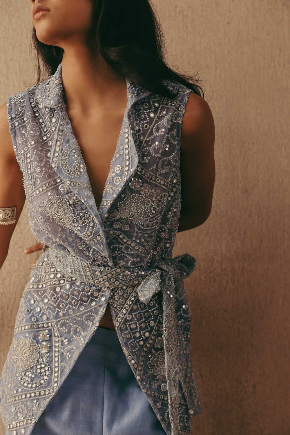 Mirrorwork Sleeveless Short Blazer