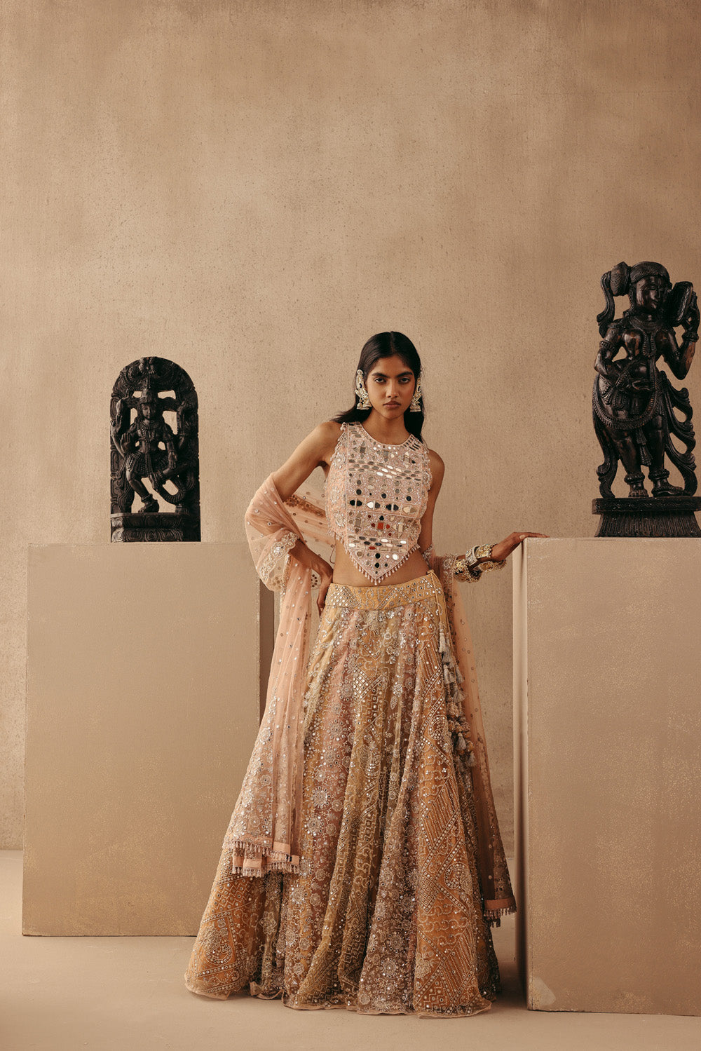 Multicolour Mirrorwork Lehenga with Corset and Dupatta