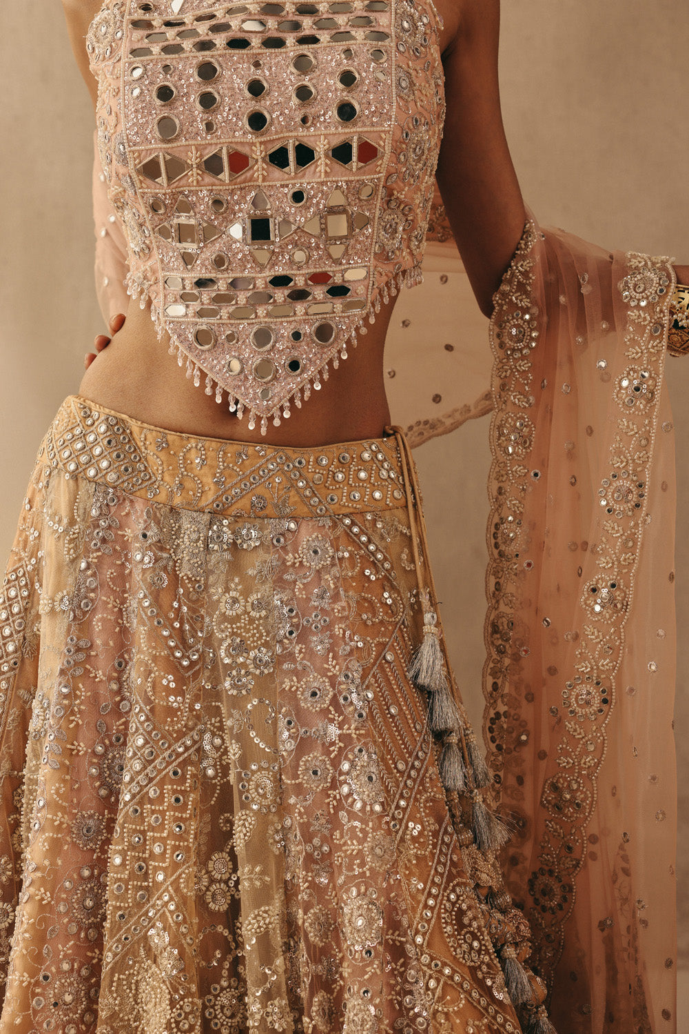 Multicolour Mirrorwork Lehenga with Corset and Dupatta