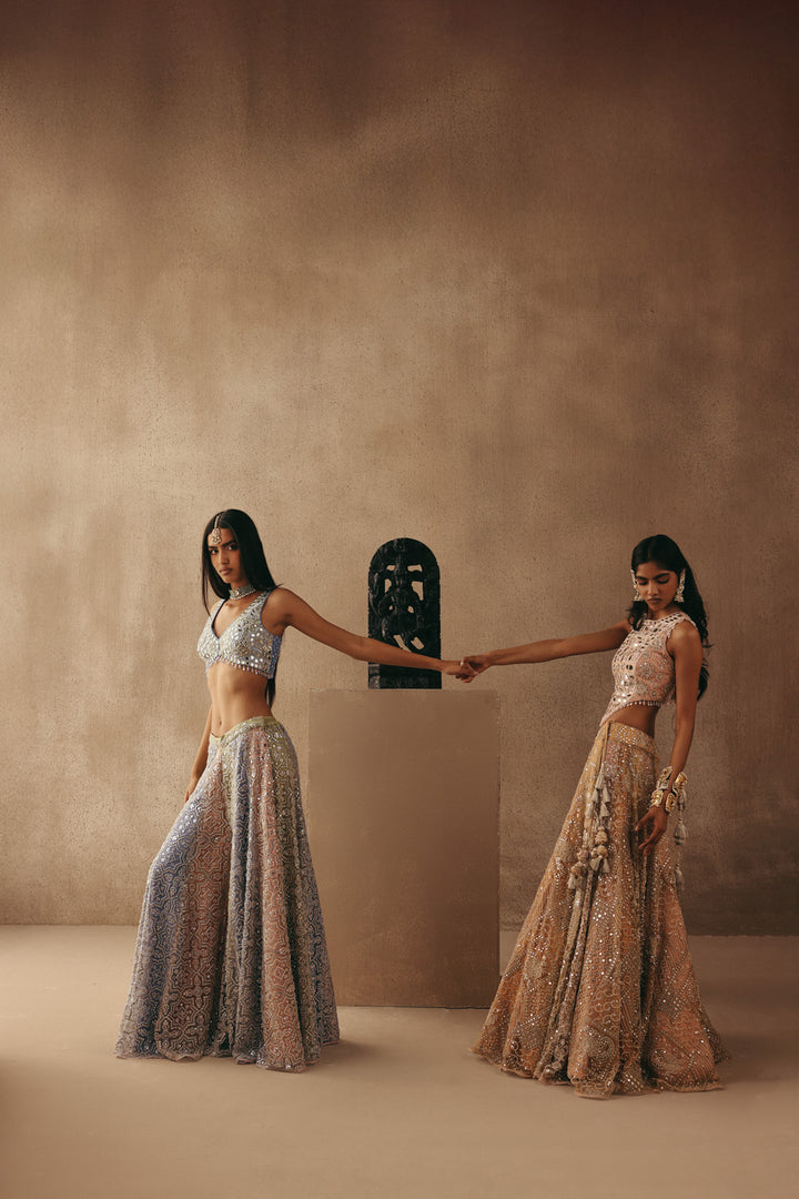 Mirrorwork Sharara Lehenga with Sleeveless Blouse and Slip On Jacket