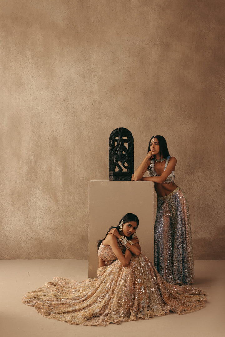 Mirrorwork Sharara Lehenga with Sleeveless Blouse and Mw Tulle Dupatta
