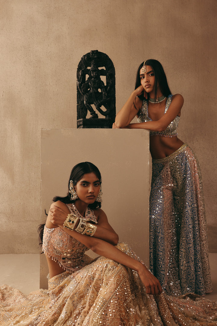 Mirrorwork Sharara Lehenga with Sleeveless Blouse and Mw Tulle Dupatta