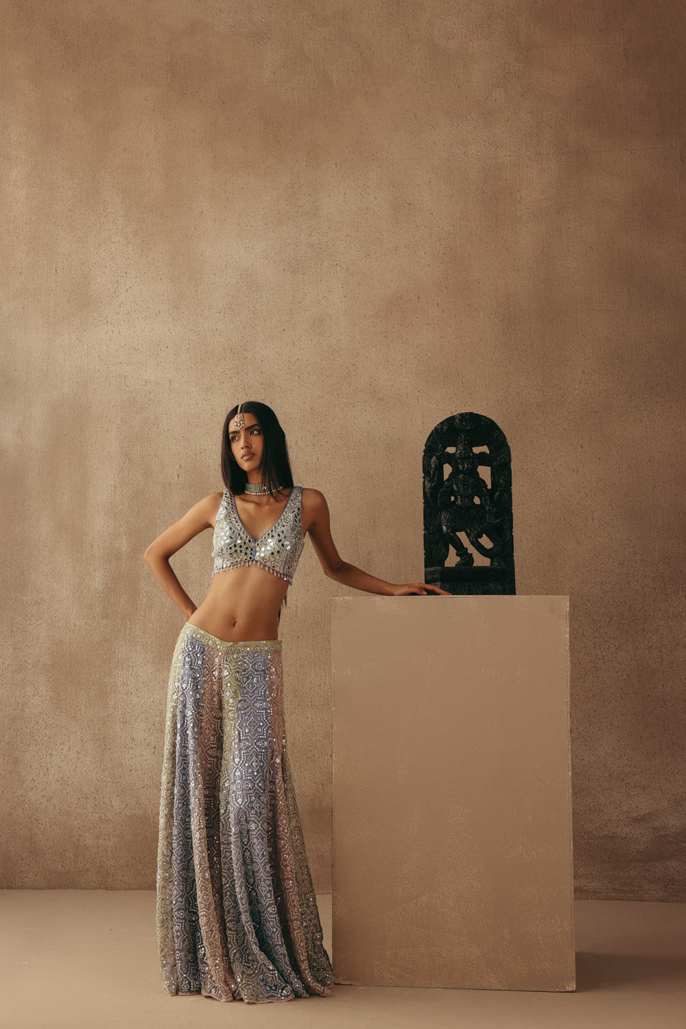 Mirrorwork Sharara Lehenga with Sleeveless Blouse and Slip On Jacket