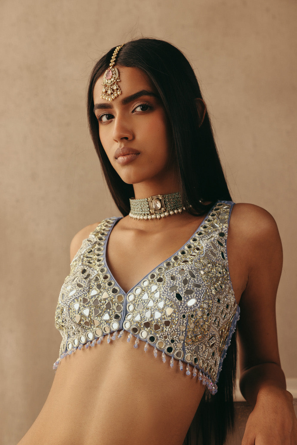 Mirrorwork Sharara Lehenga with Sleeveless Blouse and Mw Tulle Dupatta