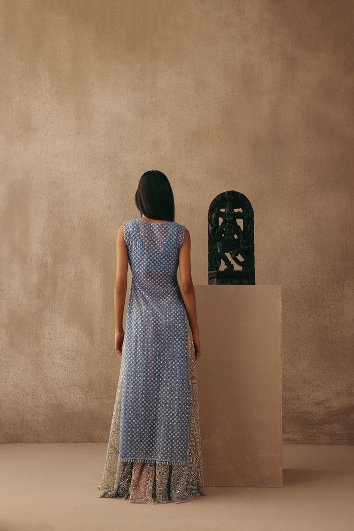 Mirrorwork Sharara Lehenga with Sleeveless Blouse and Slip On Jacket