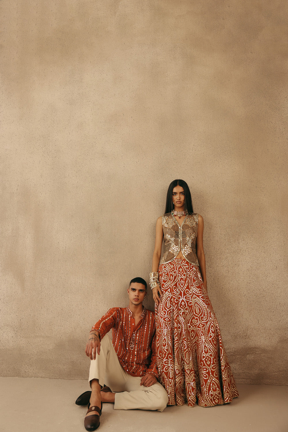 Mirrorwork Fish Cut Lehenga with Gilet and Dupatta