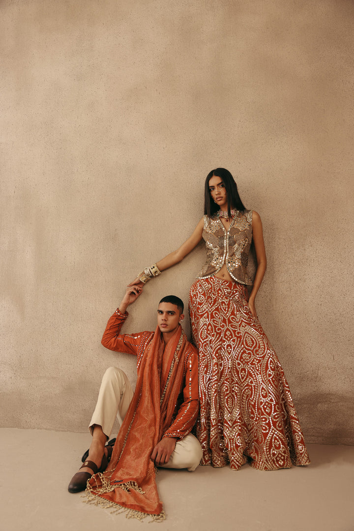 Mirrorwork Fish Cut Lehenga with Gilet and Dupatta