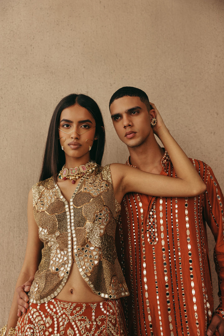 Mirrorwork Fish Cut Lehenga with Gilet and Dupatta