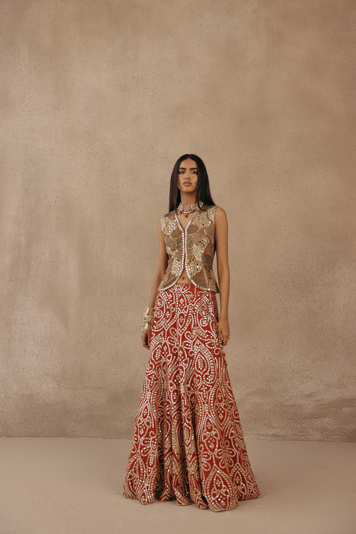 Mirrorwork Fish Cut Lehenga with Gilet and Dupatta