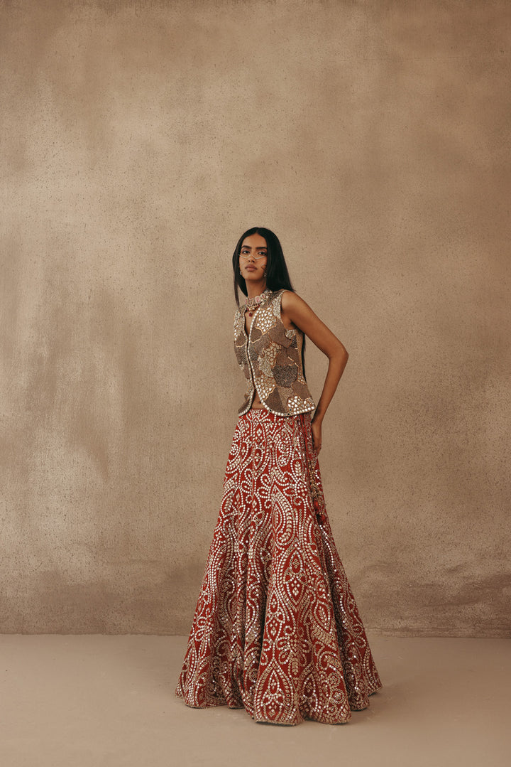 Mirrorwork Fish Cut Lehenga with Gilet and Dupatta