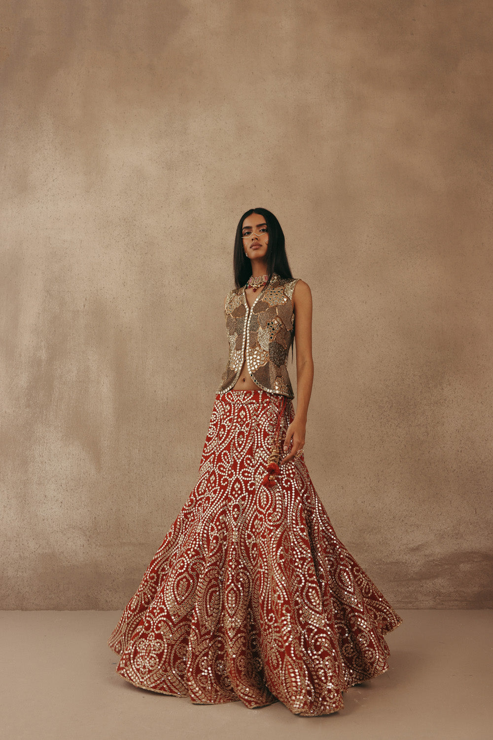 Mirrorwork Fish Cut Lehenga with Gilet and Dupatta