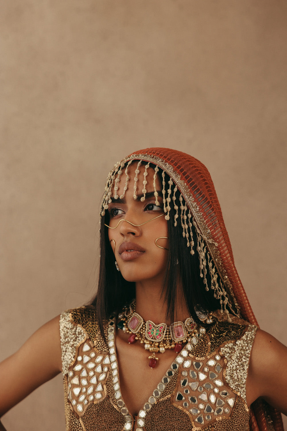 Mirrorwork Fish Cut Lehenga with Gilet and Dupatta