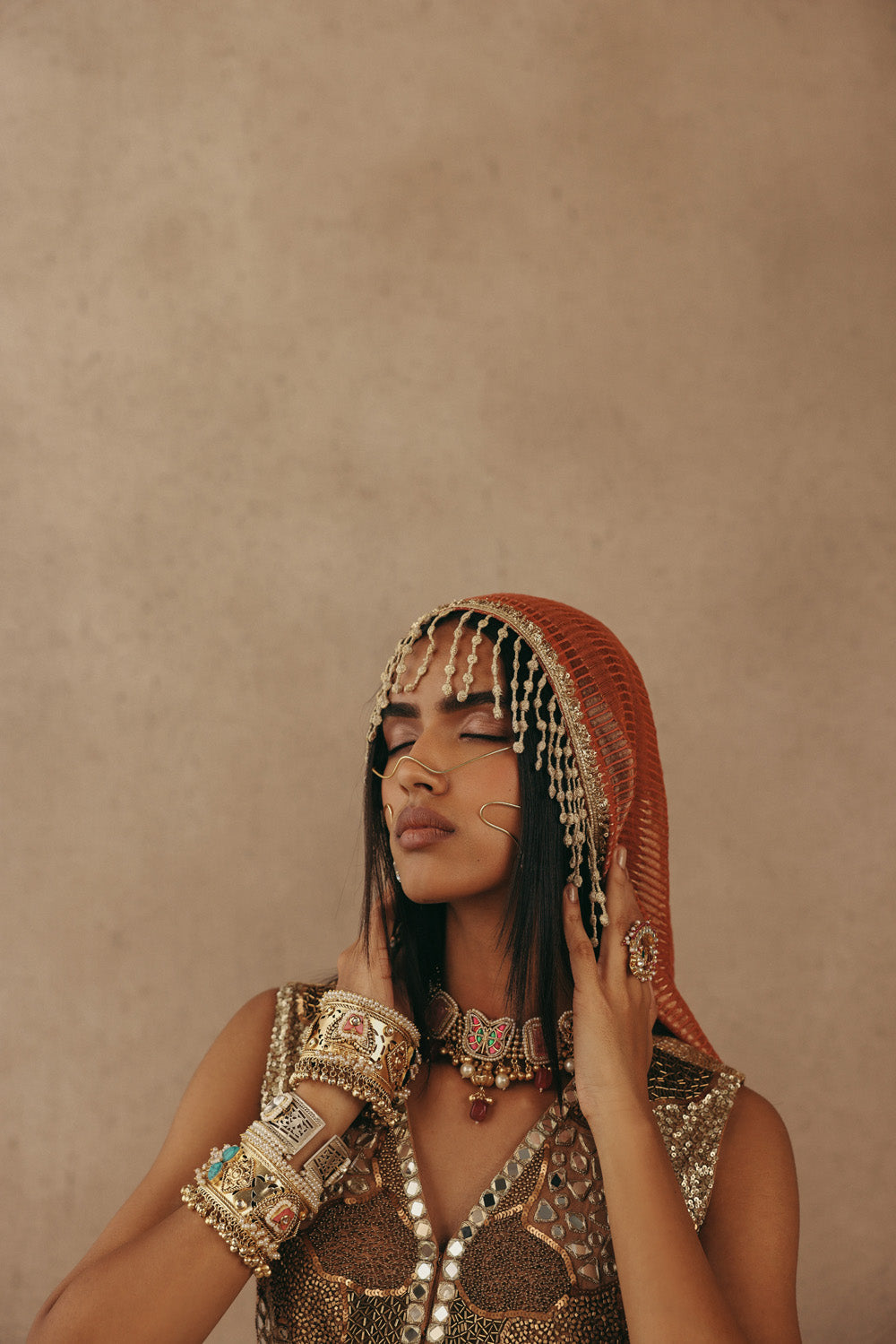 Mirrorwork Fish Cut Lehenga with Gilet and Dupatta