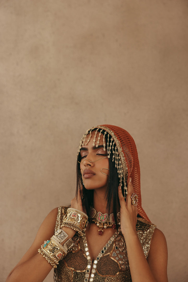 Mirrorwork Fish Cut Lehenga with Gilet and Dupatta