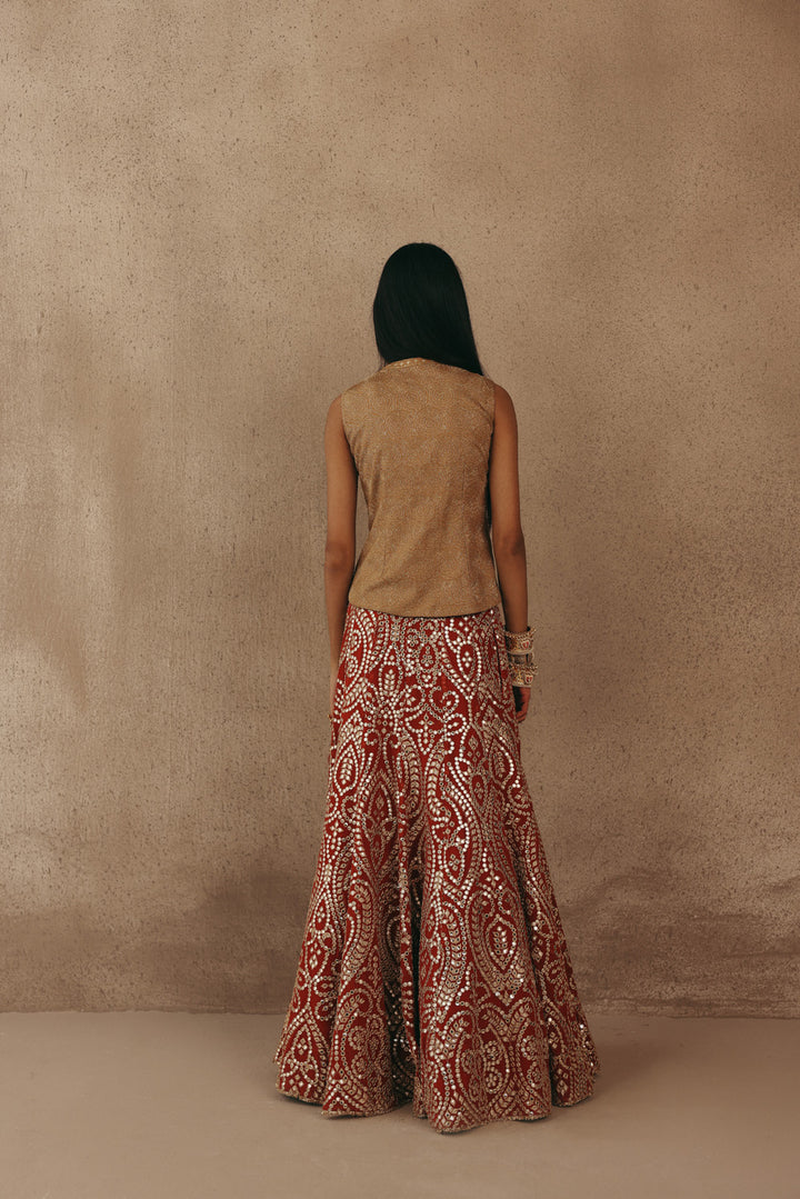 Mirrorwork Fish Cut Lehenga with Gilet and Dupatta