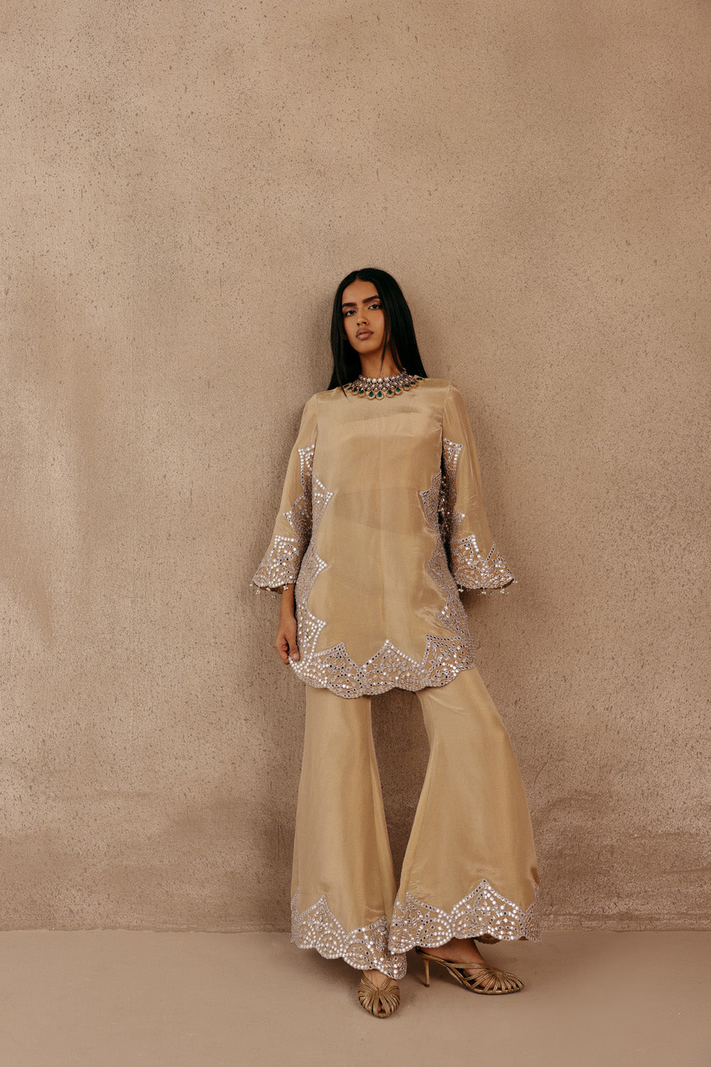 Zero Neck  Silver Zari Mirrorwork Tissue Applique Kurta With Flared Rounded Sleeves