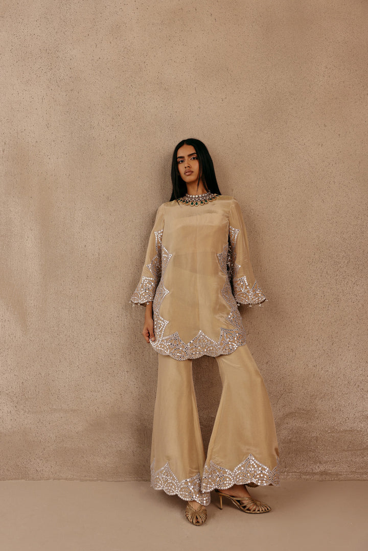 Zero Neck  Silver Zari Mirrorwork Tissue Applique Kurta With Flared Rounded Sleeves