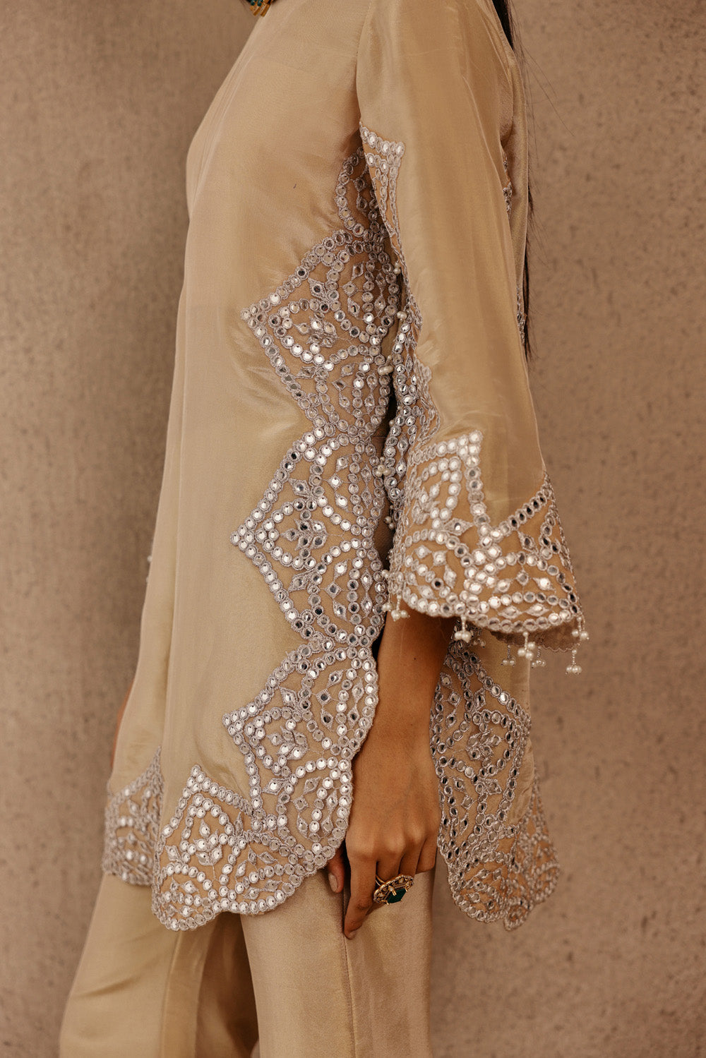 Zero Neck  Silver Zari Mirrorwork Tissue Applique Kurta With Flared Rounded Sleeves