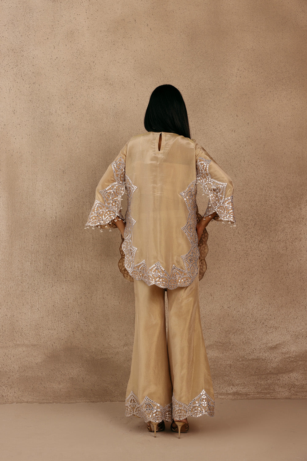 Zero Neck  Silver Zari Mirrorwork Tissue Applique Kurta With Flared Rounded Sleeves