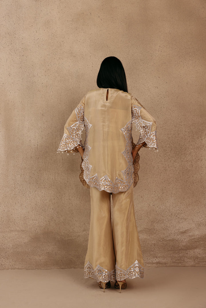 Zero Neck  Silver Zari Mirrorwork Tissue Applique Kurta With Flared Rounded Sleeves