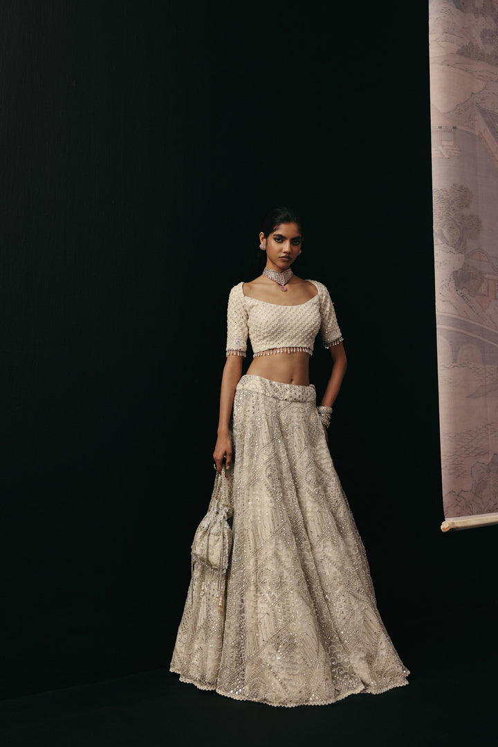 Ivory Mirrorwork Lehenga with Short Sleeves Wide Neck Blouse and Beadwork Dupatta