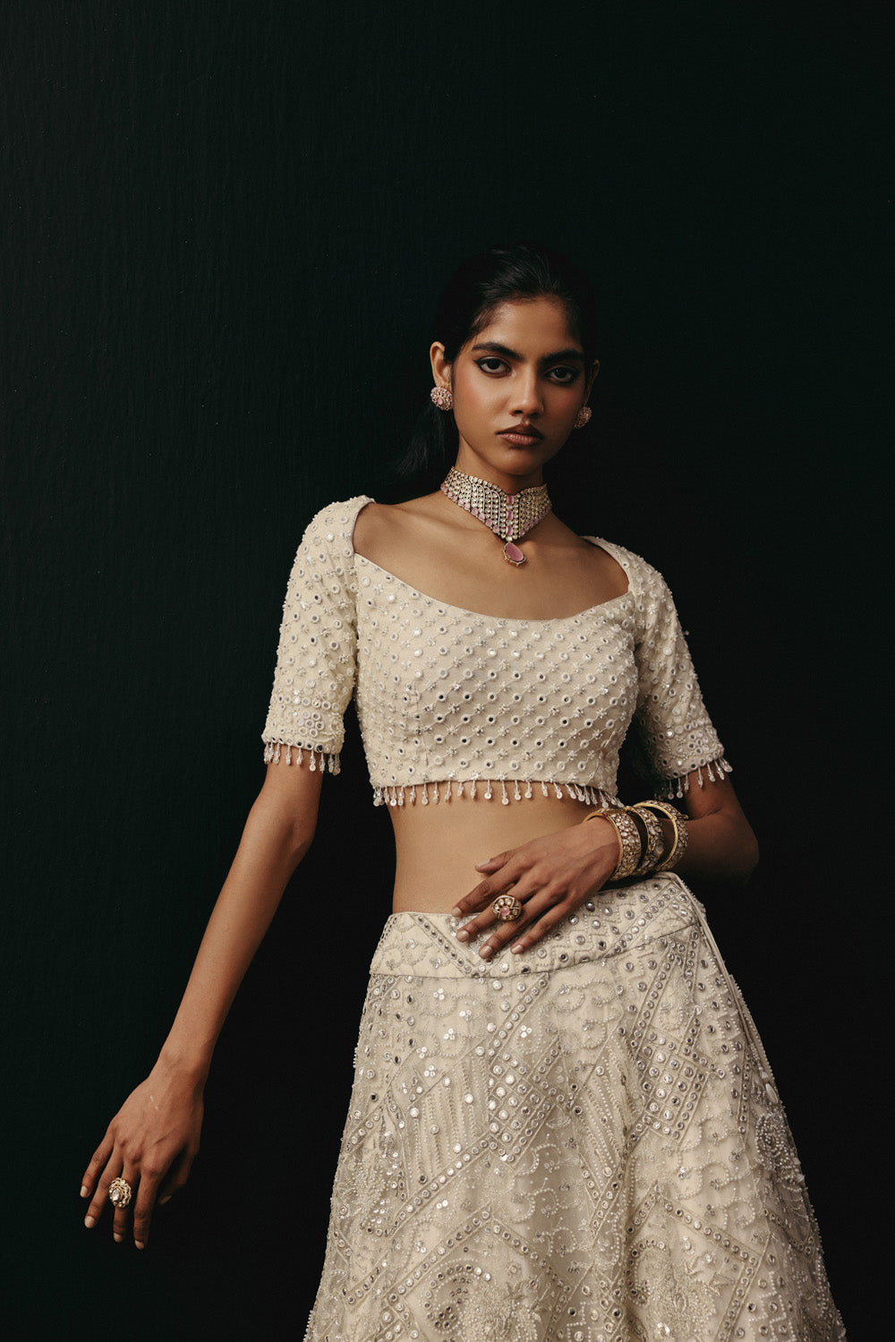 Ivory Mirrorwork Lehenga with Short Sleeves Wide Neck Blouse and Beadwork Dupatta