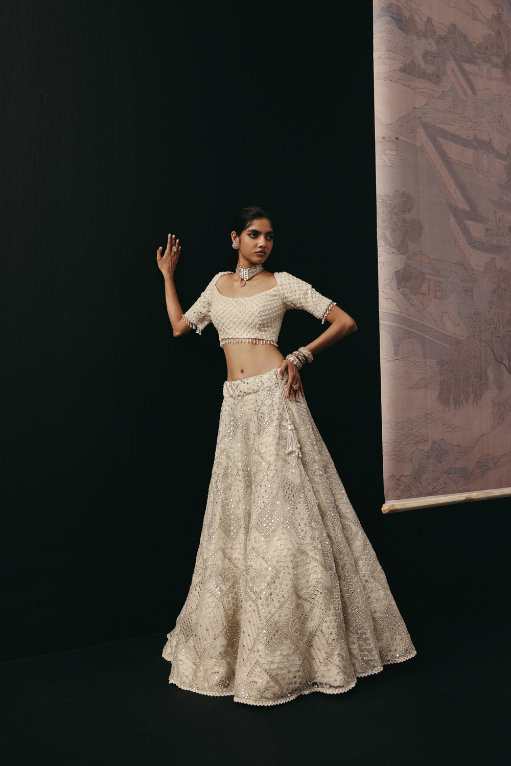 Ivory Mirrorwork Lehenga with Short Sleeves Wide Neck Blouse and Beadwork Dupatta