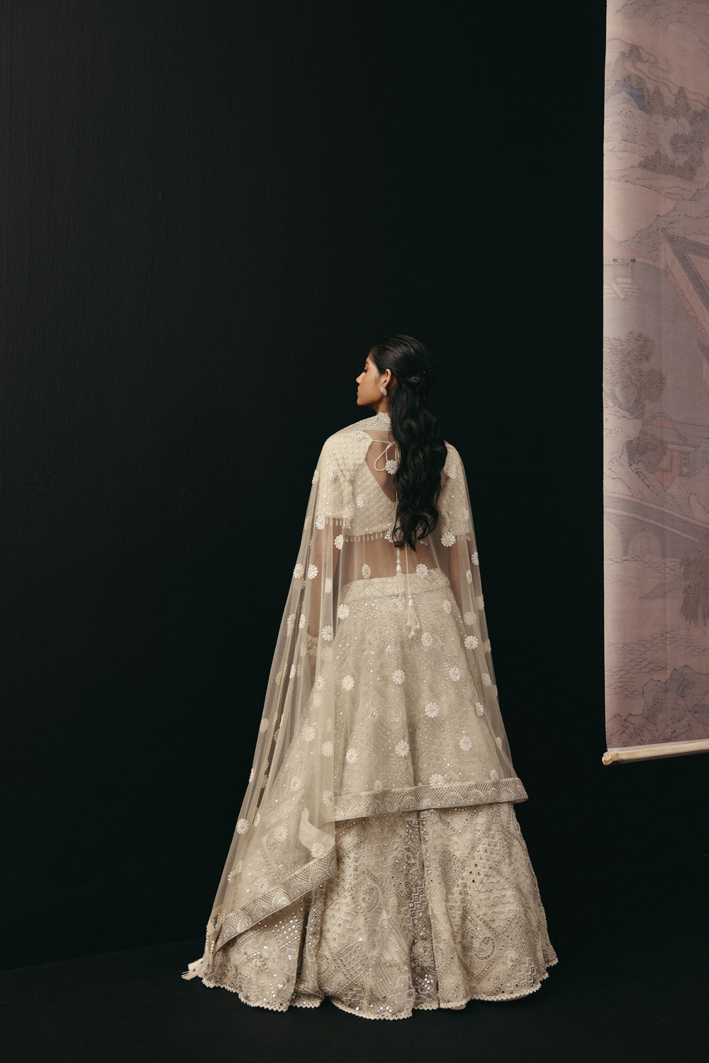 Ivory Mirrorwork Lehenga with Short Sleeves Wide Neck Blouse and Beadwork Dupatta