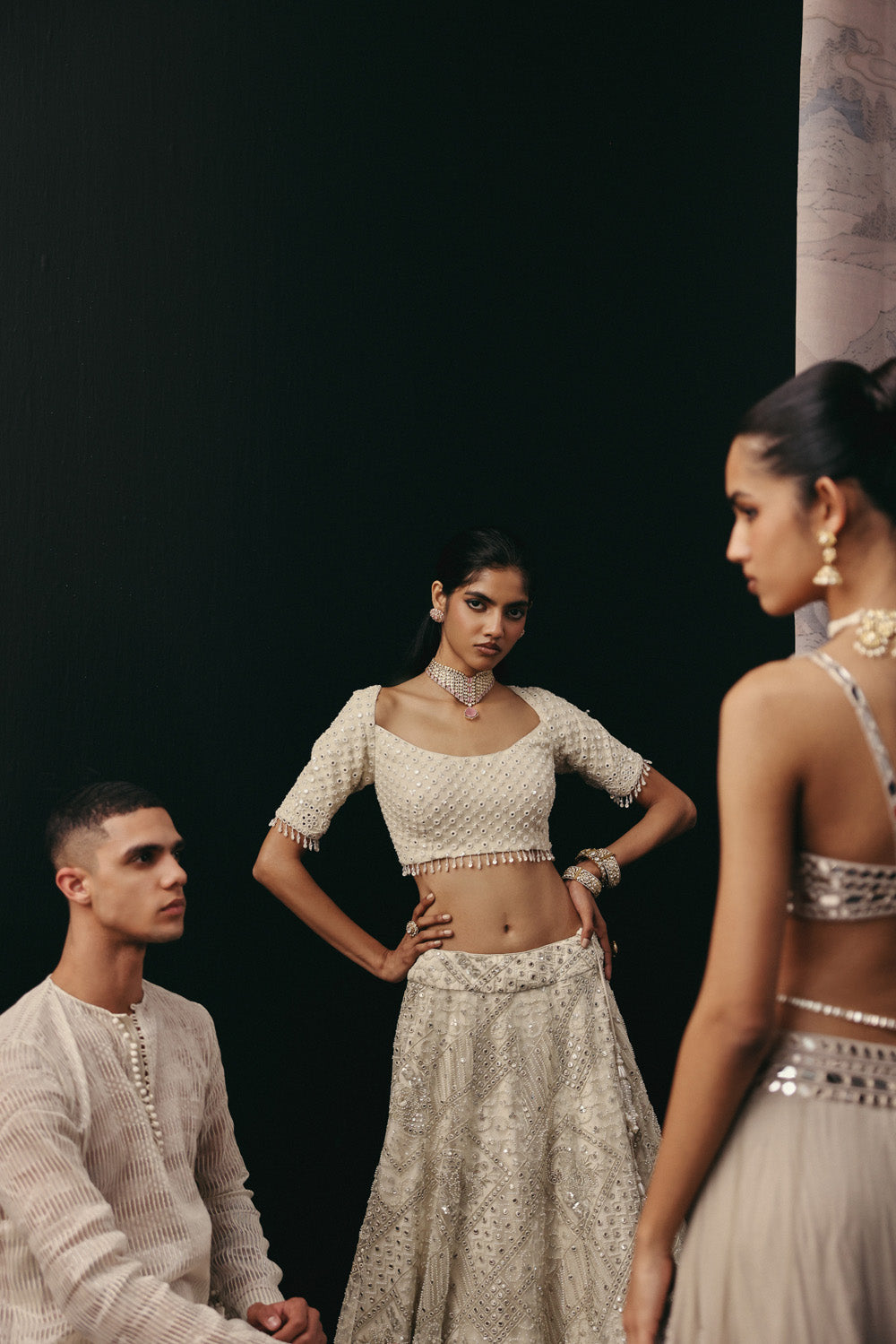 Ivory Mirrorwork Lehenga with Short Sleeves Wide Neck Blouse and Beadwork Dupatta