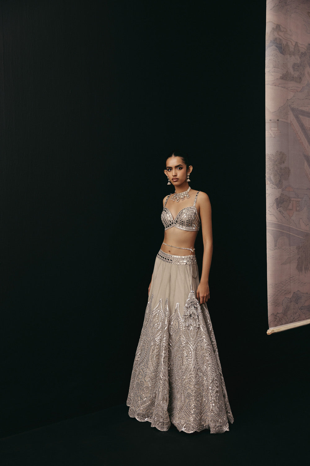 Silver Zari Mirrorwork Lehenga with Cape Sleeves Jacket and Bralette