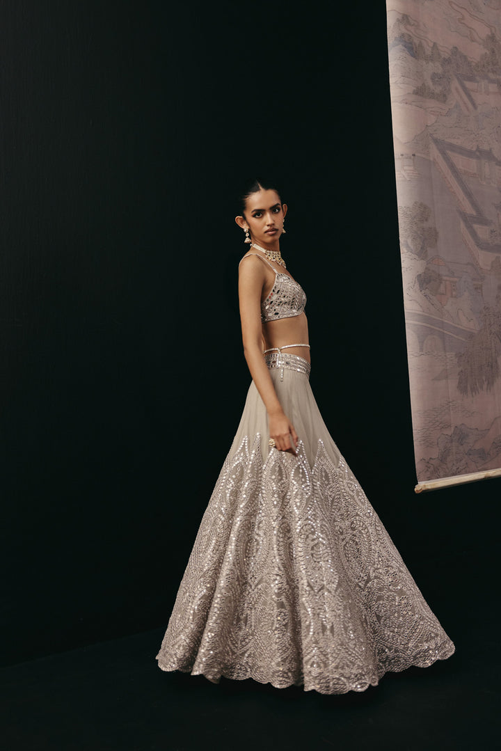 Silver Zari Mirrorwork Lehenga with Cap Sleeves Open Balero Jacket and Bralette
