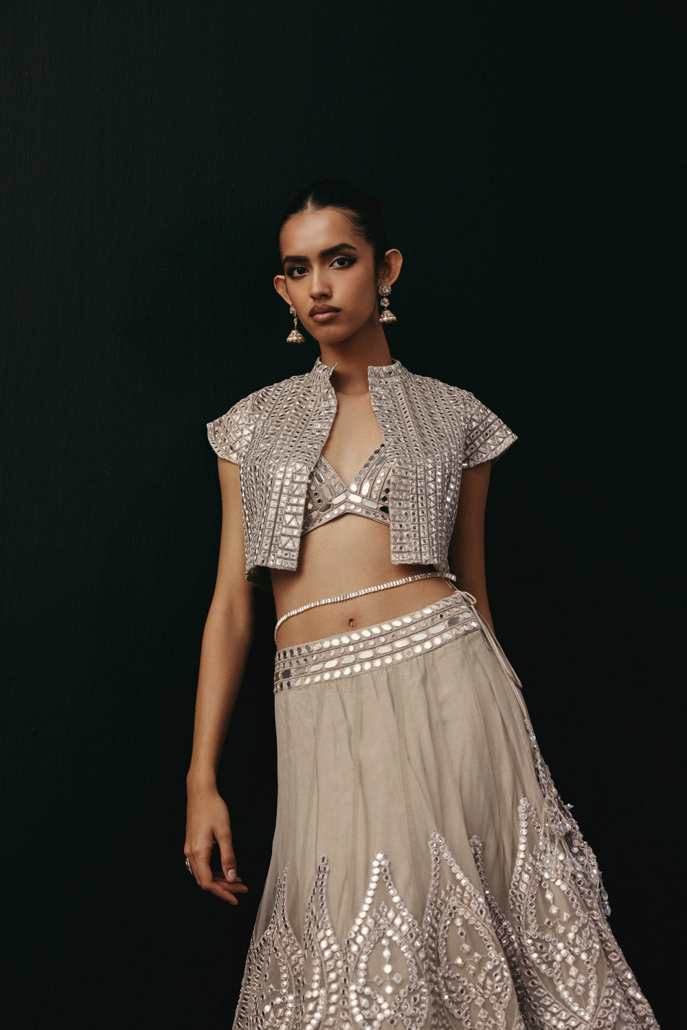 Silver Zari Mirrorwork Lehenga with Cap Sleeves Open Balero Jacket and Bralette