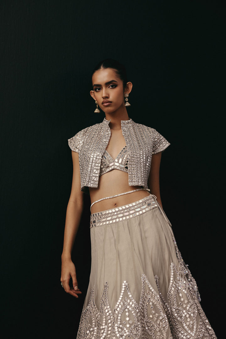 Silver Zari Mirrorwork Lehenga with Cap Sleeves Open Balero Jacket and Bralette