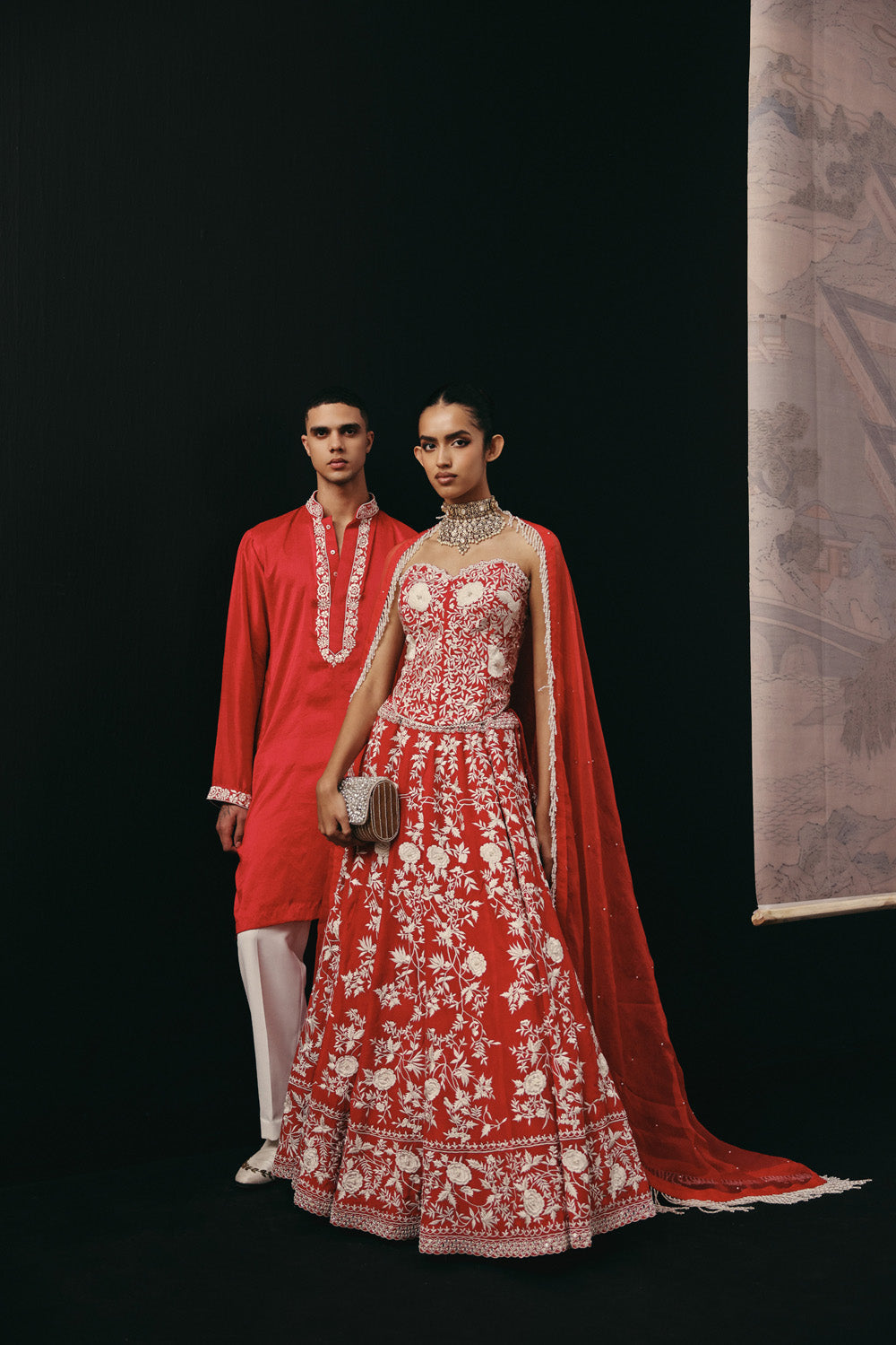 Red Parsi Gaara Lehenga with Corset Blouse  and Organza  Dupatta
