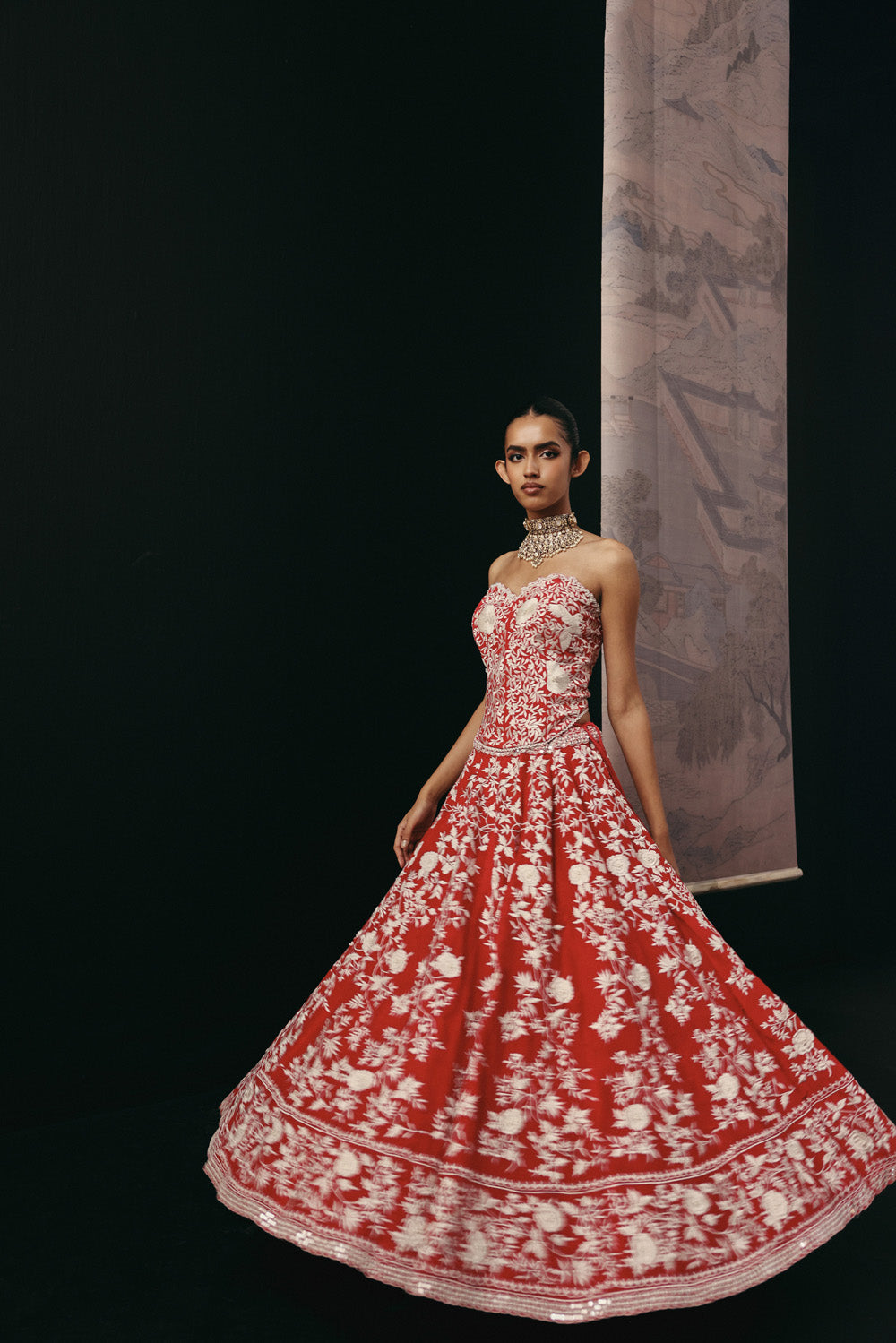 Red Parsi Gaara Lehenga with Corset Blouse  and Organza  Dupatta