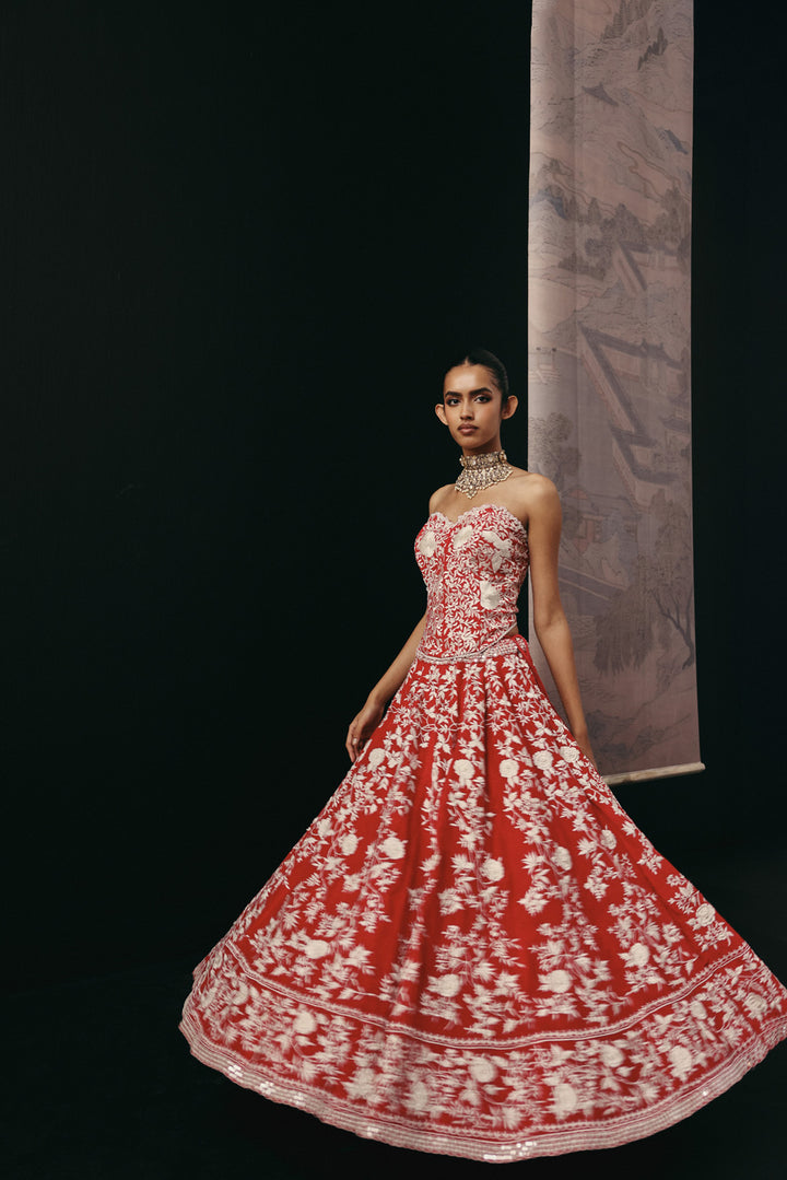 Red Parsi Gaara Lehenga with Corset Blouse  and Organza  Dupatta