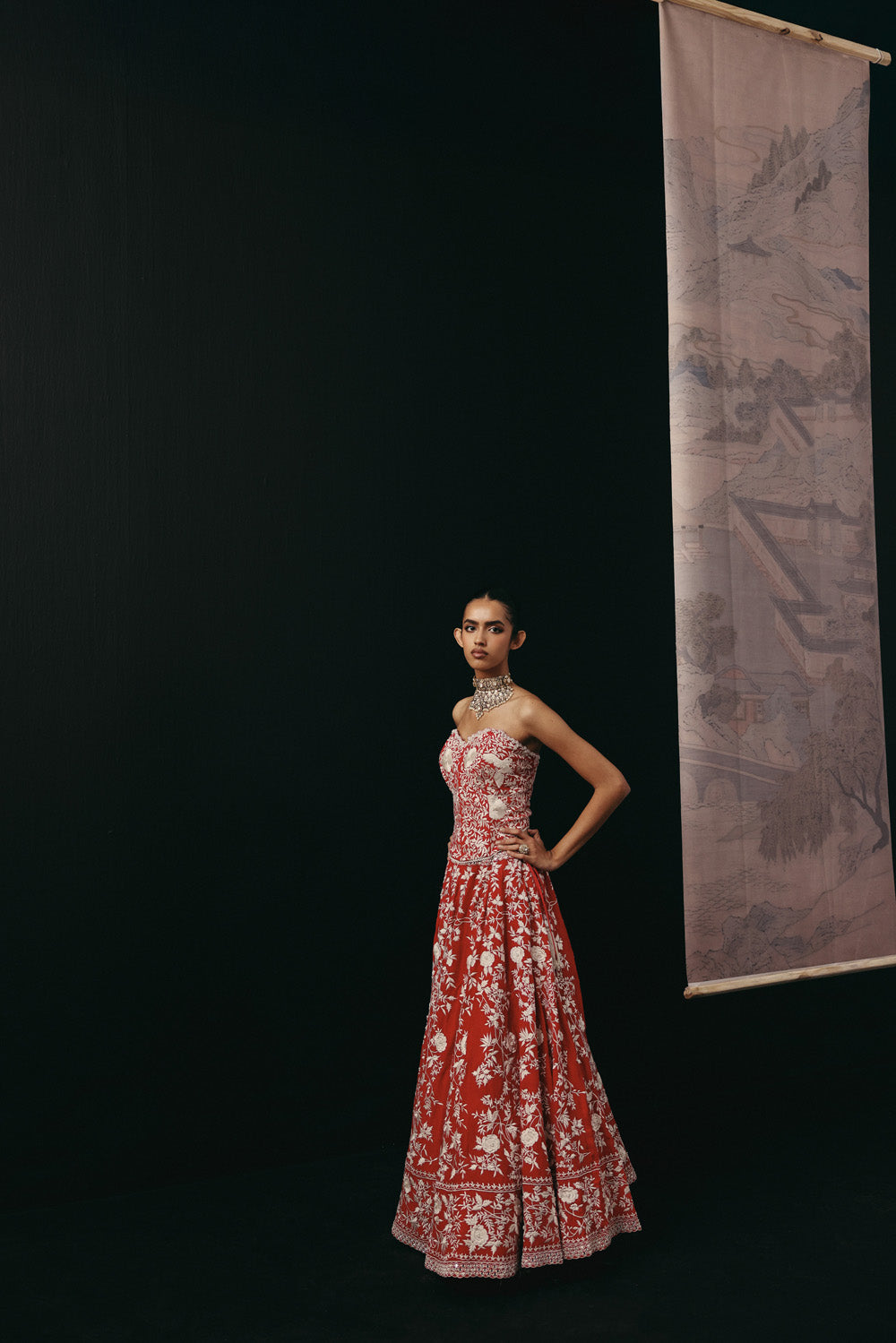 Red Parsi Gaara Lehenga with Cape Jacket and Corset