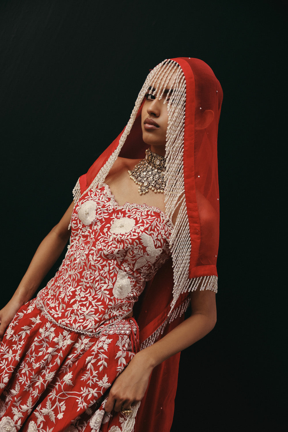 Red Parsi Gaara Lehenga with Corset Blouse  and Organza  Dupatta