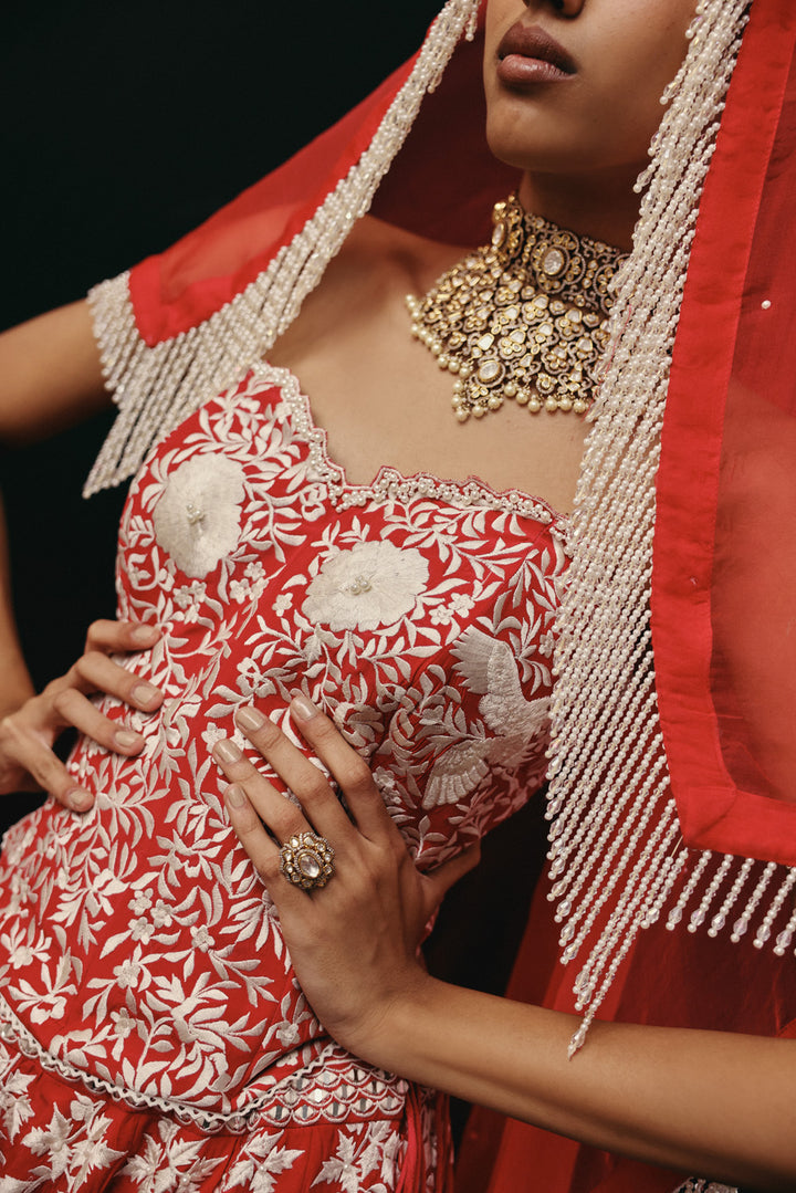 Red Parsi Gaara Lehenga with Corset Blouse  and Organza  Dupatta