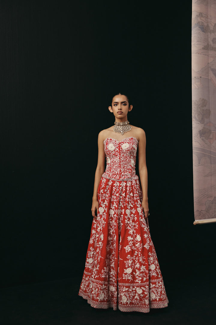 Red Parsi Gaara Lehenga with Cape Jacket and Corset