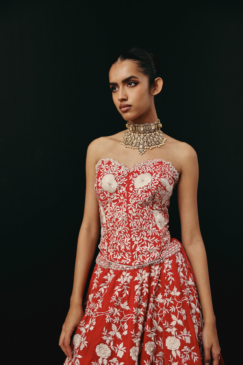 Red Parsi Gaara Lehenga with Corset Blouse  and Organza  Dupatta